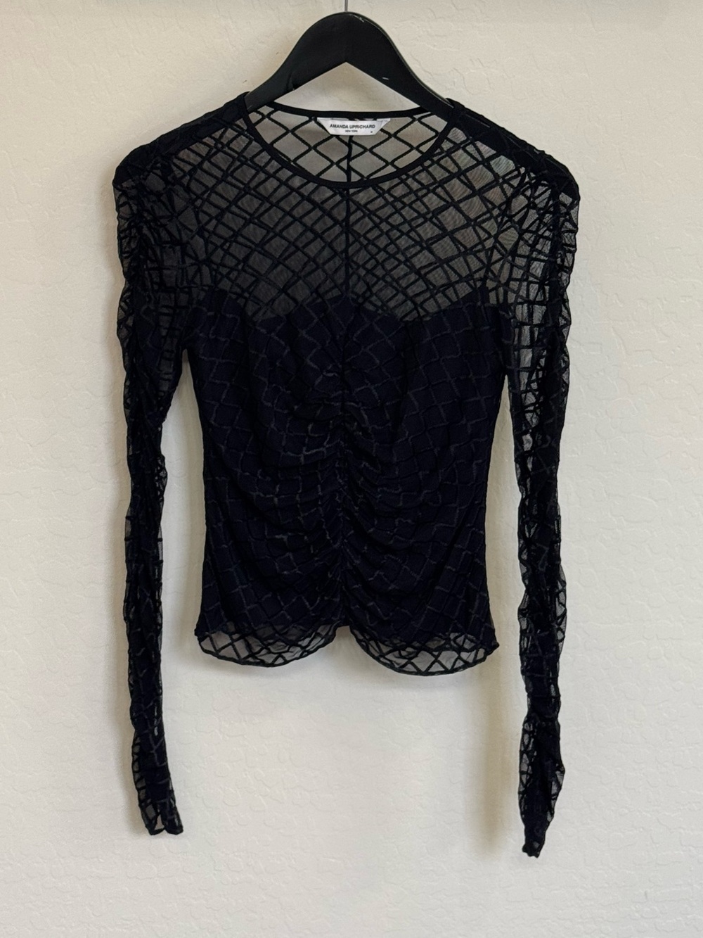 Amanda Uprichard Black Safira Mesh Long Sleeve Ruched Top Size Medium